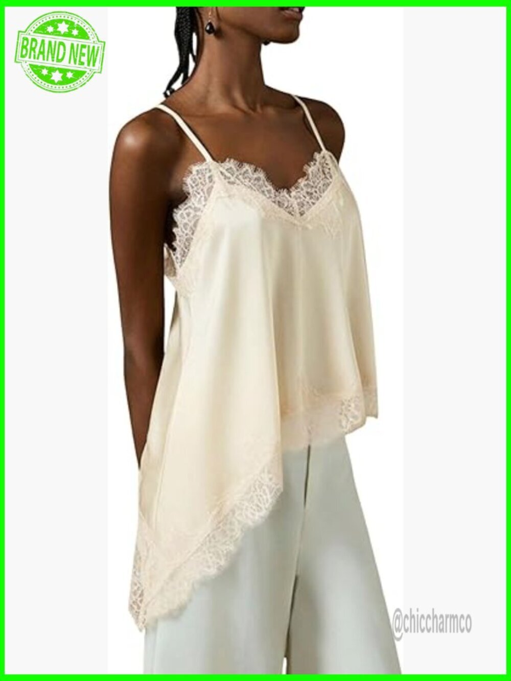 Satin Spaghetti Strap Camisole Lace Asymmetrical Top